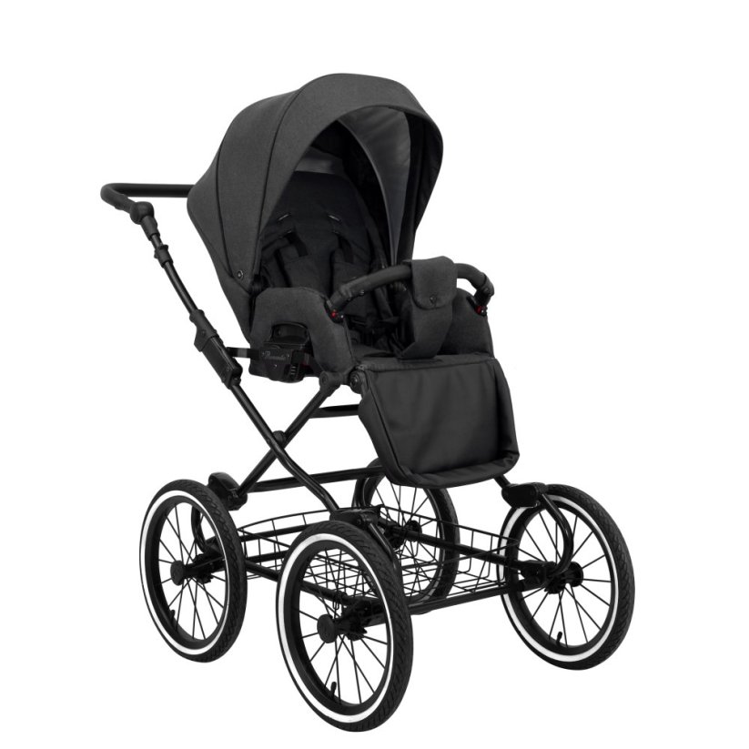 Kočárek ZEZO Retro klasik látka + eko-koženka - Barva: Černá, Kola: Retro kola 14" 4x4, Druh kol: Nafukovací
